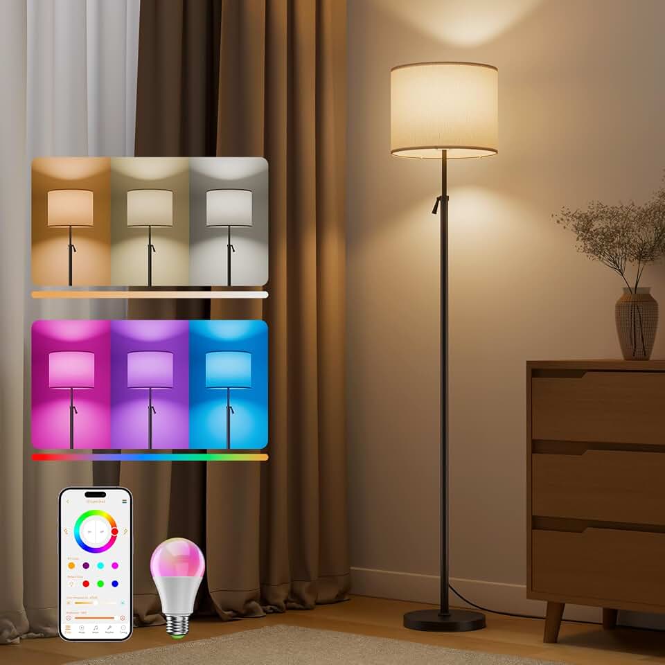 Smart Floor Lamp, RGB Color Changing, Height Adjustable 60"-69" | App control, compatible with Alexa, 2700K-6000K, 1%-100% dimmable, music sync, 1200lm, linen shade, no registration required