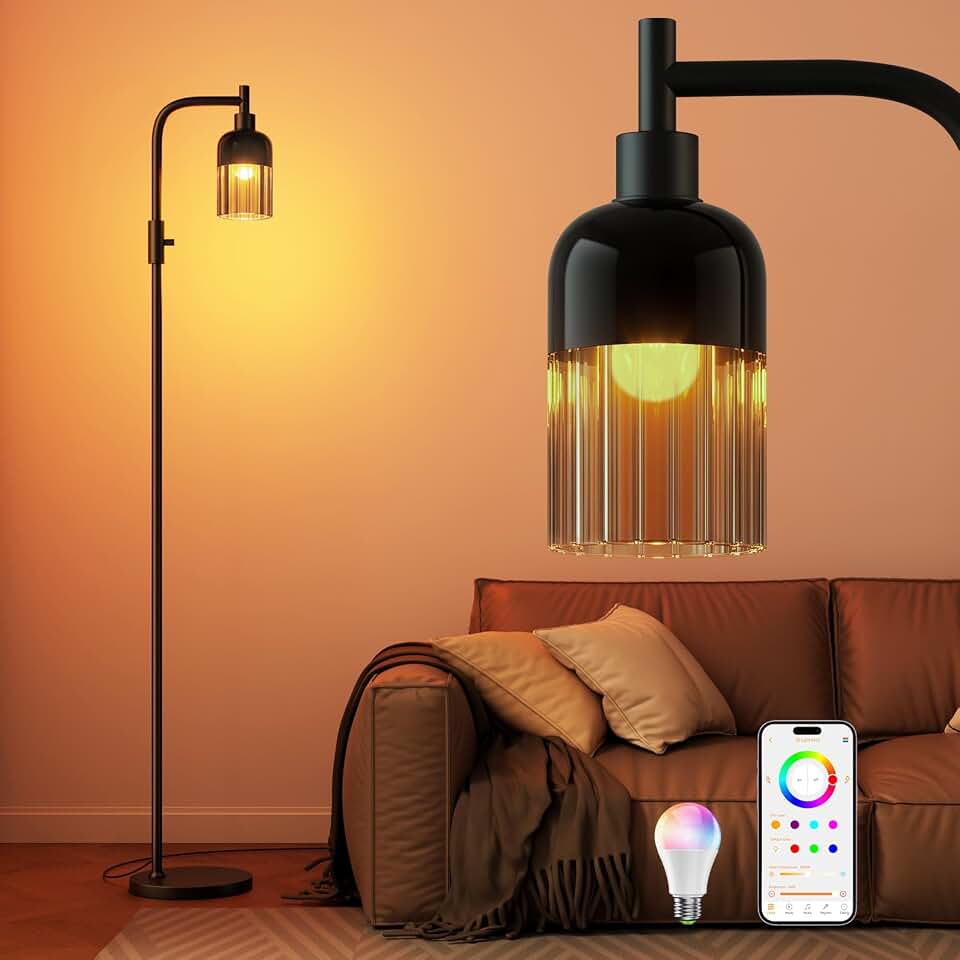 Smart RGB Arc Floor Lamp, App Control, Compatible with Alexa | Smoked ribbed glass, 16M RGB, 2700K–6000K white, 1%–100% dimmable, 1200 lm, Music Sync, app &amp; voice control, no hub/account