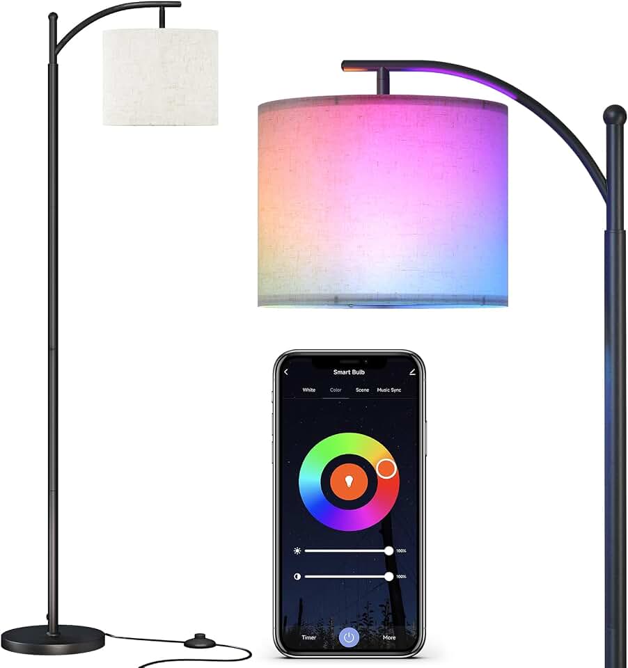 SUNMORY Arc Floor Lamp, Smart APP Remote Control Standing RGB Lamp | Tall Lamp with RGB Bulb &amp; Hanging Lampshade, Dimmable Floor Lamp, Modern Floor Lamps for Living Room, Bedroom, Office