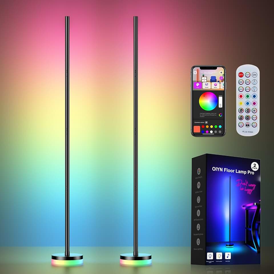 OIYN Corner Floor Lamp 2 Pack,RGBICW LED Corner Lamp with 1300lm Smart Modern Floor Lamp,App &amp; Remote Control,Music Sync,Color Changing Standing Lamp for Bedroom Living Room and Gaming Rooms