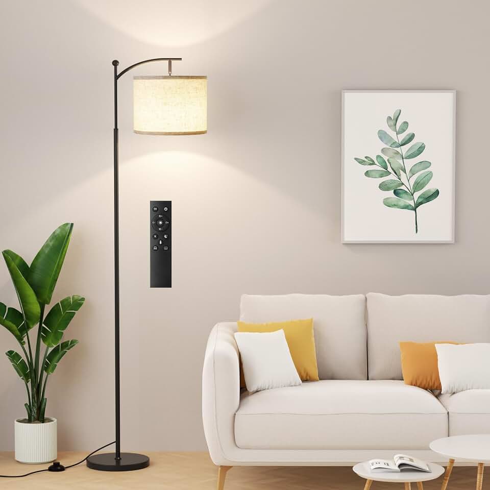 Ambimall 60" Floor Lamp with Remote and Stepless Dimmable Bulb, Black Pole | Colors Temperature and Brightness Adjustable, Foot Switch, Remote Control, Beige Shade, Modern Floor Lamp for Living Room