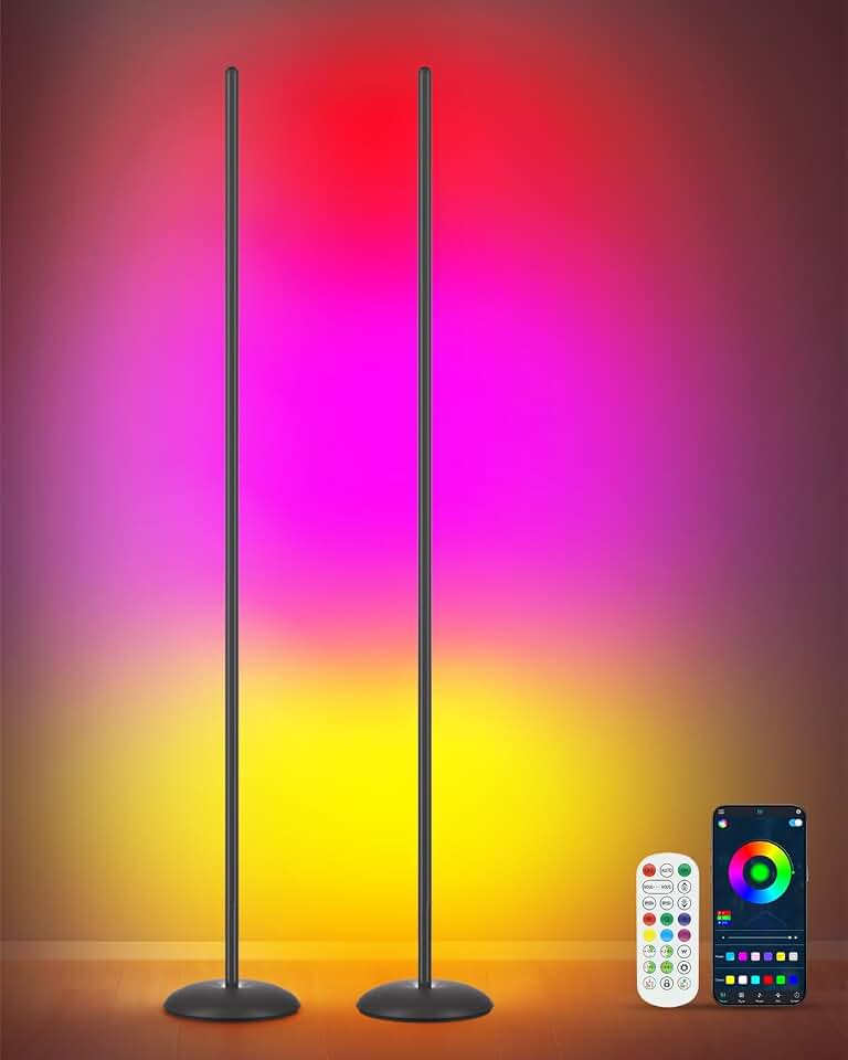Corner Floor Lamp, 2-Pack RGB LED Floor Lamps for Living Room | APP &amp; Remote Control, Dimmable 16 Million Color Changing &amp; 213 Scenes, Music Sync, Standing LED Lights for Bedroom