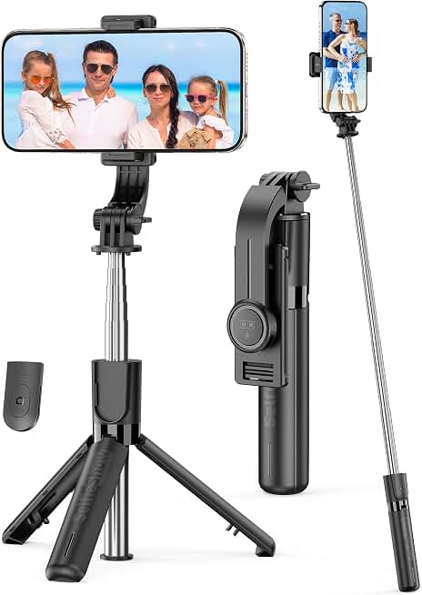 Portable Selfie Stick, 4 in 1 Extendable Phone Tripod Stand with Detachable Wireless Remote &amp; Phone Holder 360° Rotating Mini Travel Tripod Compatible with iPhone 16/15/14/13 Pro/Android/Gopro