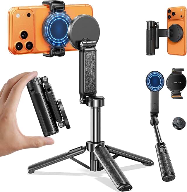 【Max 17"】 MRGLAS Magnetic Mini Tripod Selfie Stick for iPhone【4.5" Pocket】 | 【17" Max Extendable】4.5" Pocket Stand with Wireless Remote, Detachable Clamp, 360° Rotatable for MagSafe, 4-in-1 Mini Tripod