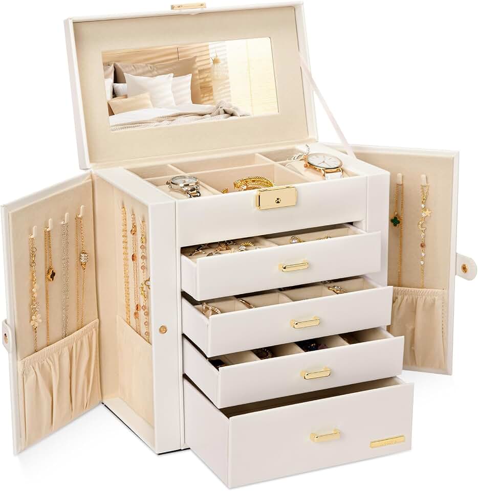 Homde Homde Large Jewelry Box for Women: 5-Layer Organizer with Lock for Dresser | Separated Storage for Necklace Earring Ring Watch to Sort Daily Jewelry - Keep Vanities Tidy - Birthday Gift