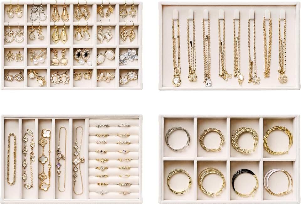 pickpiff Velvet Jewelry Drawer Organizer Trays – 4-Layer Stackable Jewelry Storage Inserts Set, Beige Jewelry Tray Set for Earrings, Rings, Necklaces, Bracelets with Removable Dividers for Dresser &amp; Vanity