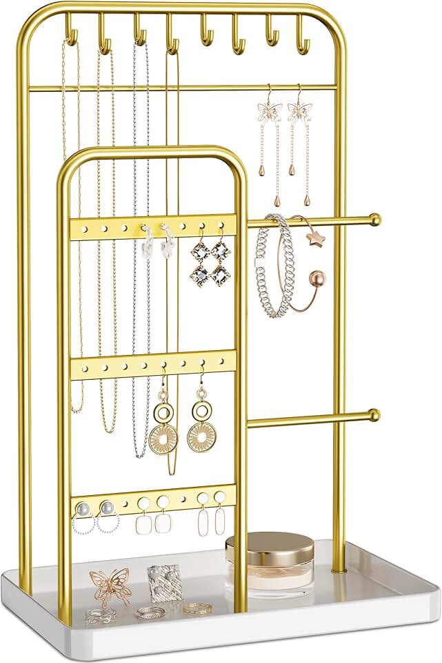 pickpiff pickpiff Jewelry Holder Stand: Jewelry Display for Necklace, Bracelet, Earring, Ring, White &amp; Gold