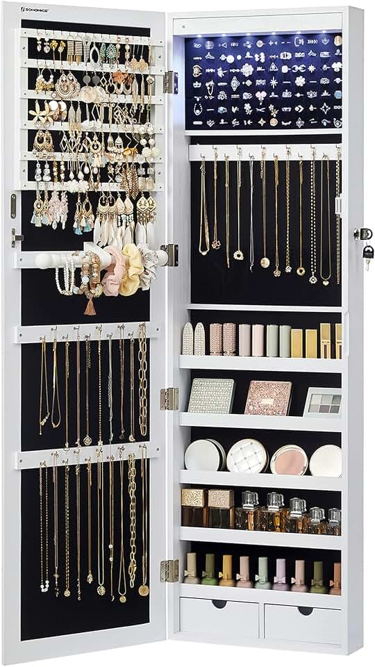 SONGMICS SONGMICS 6 LEDs Mirror Jewelry Cabinet, 47.2-Inch Tall Lockable Wall or Door Mounted Jewelry Armoire Organizer with Mirror, 2 Drawers, 3.9 x 14.6 x 47.2 Inches, White UJJC93W