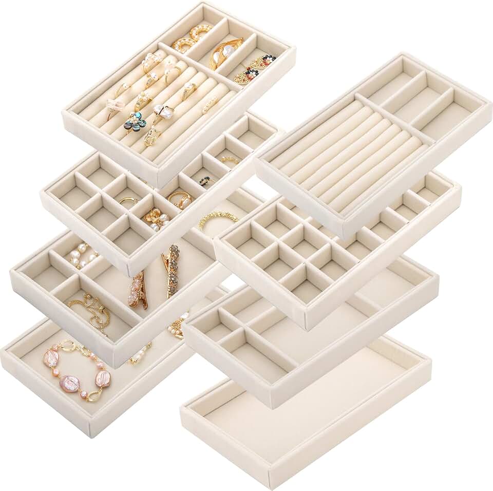 Elsjoy Elsjoy 8 Pack Velvet Jewelry Trays, Stackable Jewelry Organizer Trays for Drawers, Beige Jewelry Storage and Display Tray Inserts for Necklaces, Rings, Earrings