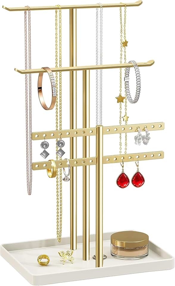 pickpiff pickpiff Jewelry Stand Holder Organizer: 14.5" Sturdy Hanger for 80 Pcs Jewelry, Gift for Women, Gold Jewlery Tower for Necklace, Earring, Bracelet