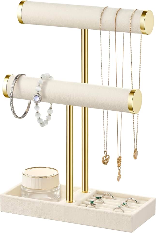 bussdis bussdis 2 Tier Bracelet Holder Display, Necklace Holder Organizer, Beige | Velvet Necklace Holder | Jewelry Tree | Jewelry Towers | Jewelry Stand Organizer for Necklaces, Bracelets, Earrings, Rings