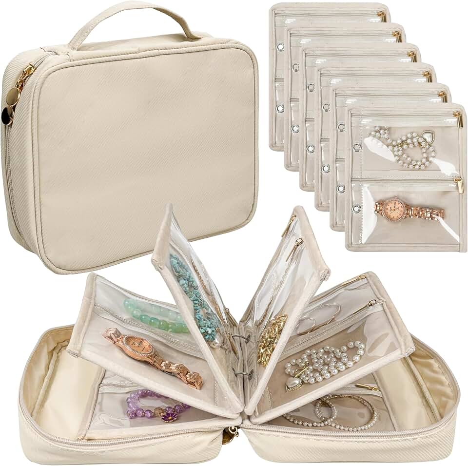 LingLingo Travel Jewelry Organizer Case,Jewelry Bags for Traveling, Jewelry Binder with 24 Pcs Clear Zipper Velvet Pouches for Storing Earrings, Rings, Necklace, Bracelet, Watch (Beige)