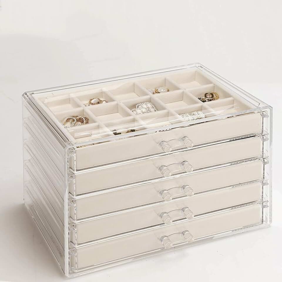 GUOER GUOER Earring Organizer 5 Drawers Acrylic Jewelry Box for Women, Warm White | Clear Earring Holder Organizer Box, Stud Earring Ring Display Storage Case Large, Adjustable Velvet Trays Girls Gifts