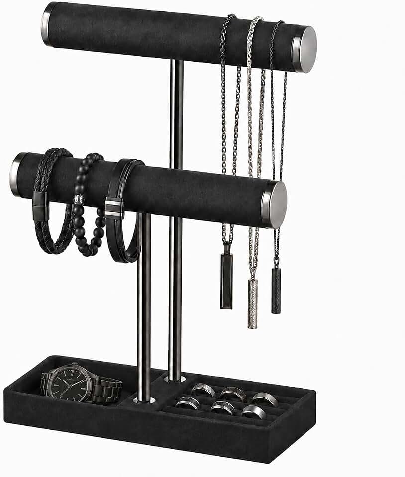 bussdis bussdis 2 Tier Bracelet Holder Display, Necklace Holder Organizer, Black | Velvet Necklace Holder | Jewelry Tree | Jewelry Towers | Jewelry Stand Organizer for Necklaces, Bracelets, Earrings, Rings