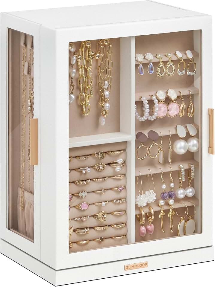 Glimmloop Glimmloop 360° Rotating Jewelry Box with 7 Drawers, Spacious Vertical Jewelry Organizer with Glass Window, Jewelry Storage Case, Dustproof &amp; Moisture-resistant Design, White