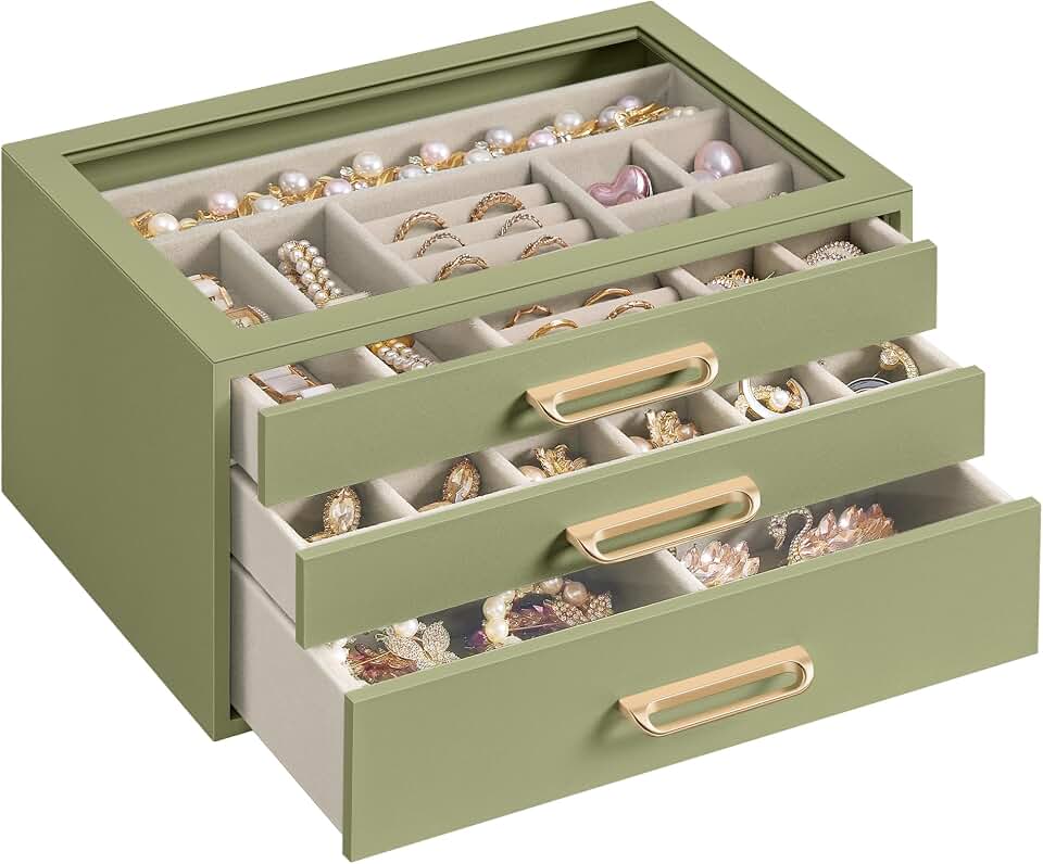 SONGMICS SONGMICS 3-Layer Jewelry Box with Glass Window, 3 Drawers, Golden Handles | Jewelry Storage Organizer for Rings, Earrings, Bracelets, Sage Green, 9.4 x 6.3 x 4.9 in, GLORIBEL Collection UJBC206CE01S