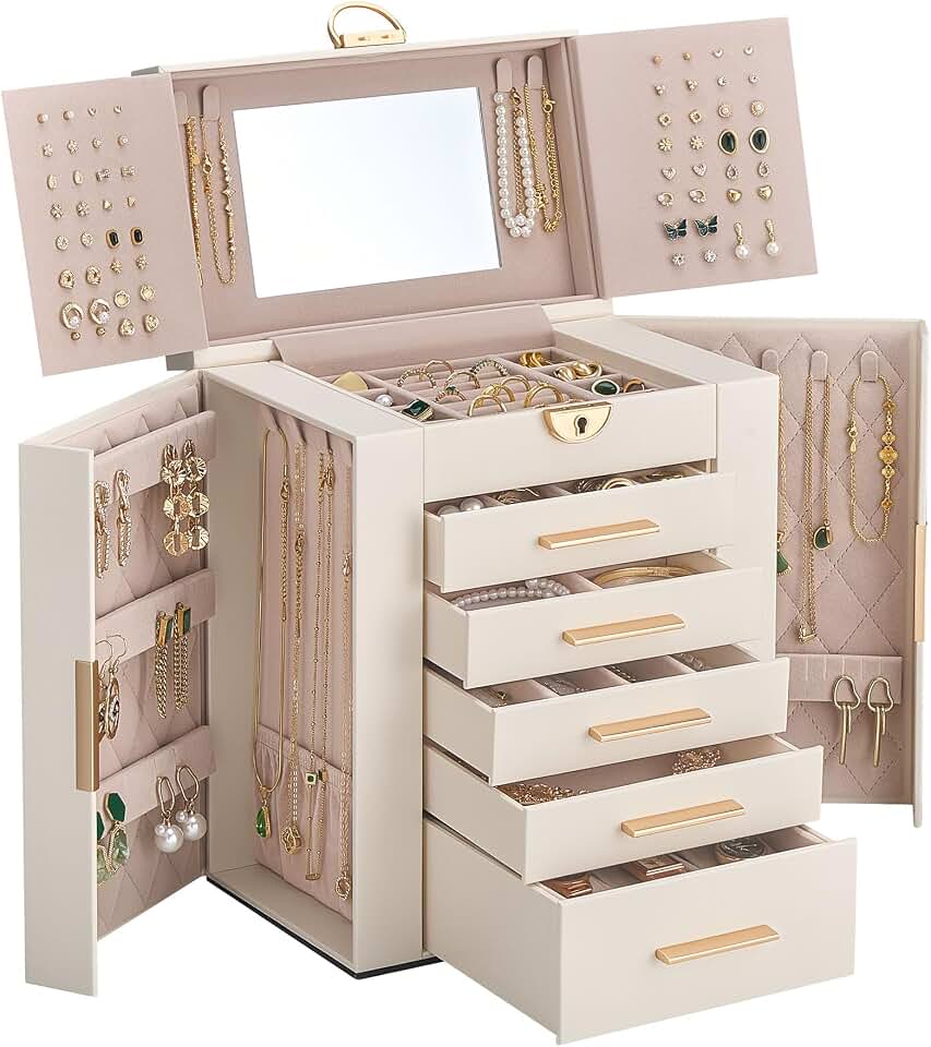 Lolalet Lolalet Large Jewelry Box, 6-Layer Jewelry Organizer with 5 Drawers -Beige | Huge Jewellery Storage Case for Women Girls, Mirror &amp; Lock, Watch Ring Earring Bracelet Necklace Holder, Gift Idea