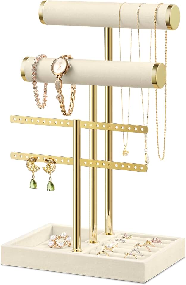 Josmimic Bracelet Holder Jewelry Organizer Display - 3 Tier T Bar Velvet Stand, Beige Jewelry Storage for Bracelet, Necklaces, Earrings, Rings, Watches
