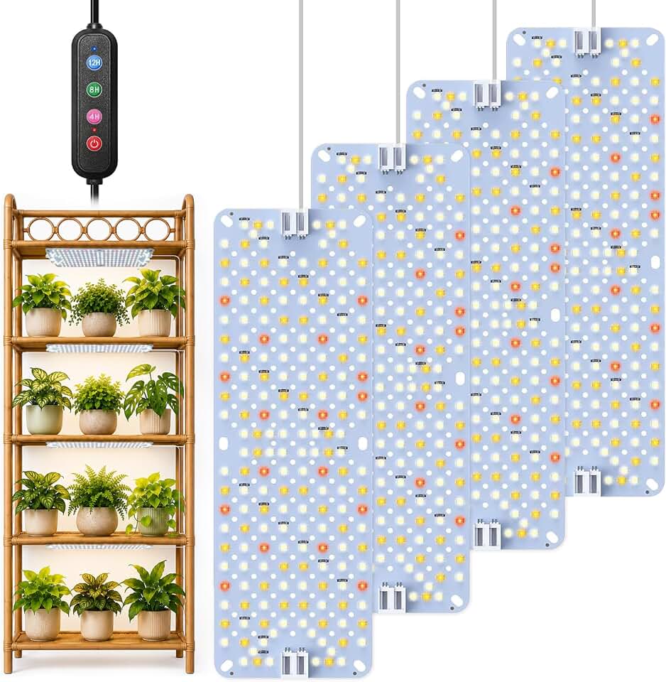 SDOVUERC Full Spectrum Grow Panel Lights for Indoor Plants and Shelves. | 36W Growing Lamp for Plant Stand,Cabinets.Daisy Chain Function,768 High Output LEDs, 4/8/12/16/20H Auto Timer, 4 Pack.