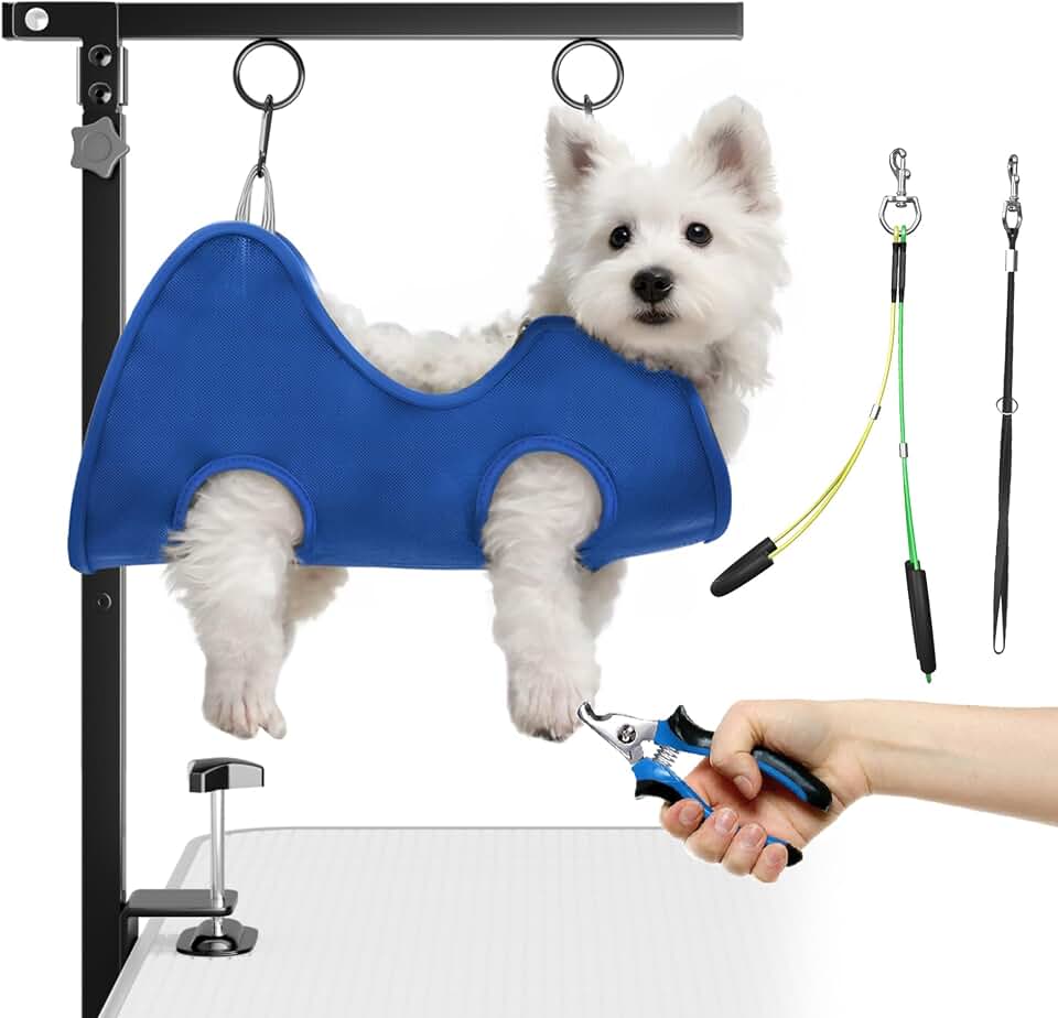 Dog Grooming Arm for Table, for Small Dogs, with Hammock &amp; Haunch Holder | Foldable Arm with Clamp, Adjustable Height 26"-40", Pet Grooming Station for Home Nail Cutting &amp; Trimming