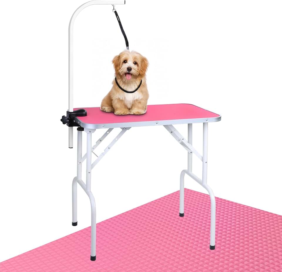 LEIBOU Pet Dog Grooming Table Foldable Grooming Table Heavy Duty Iron Frame with Arm &amp; Noose for Dog Cat Pet Grooming (32'', Pink)