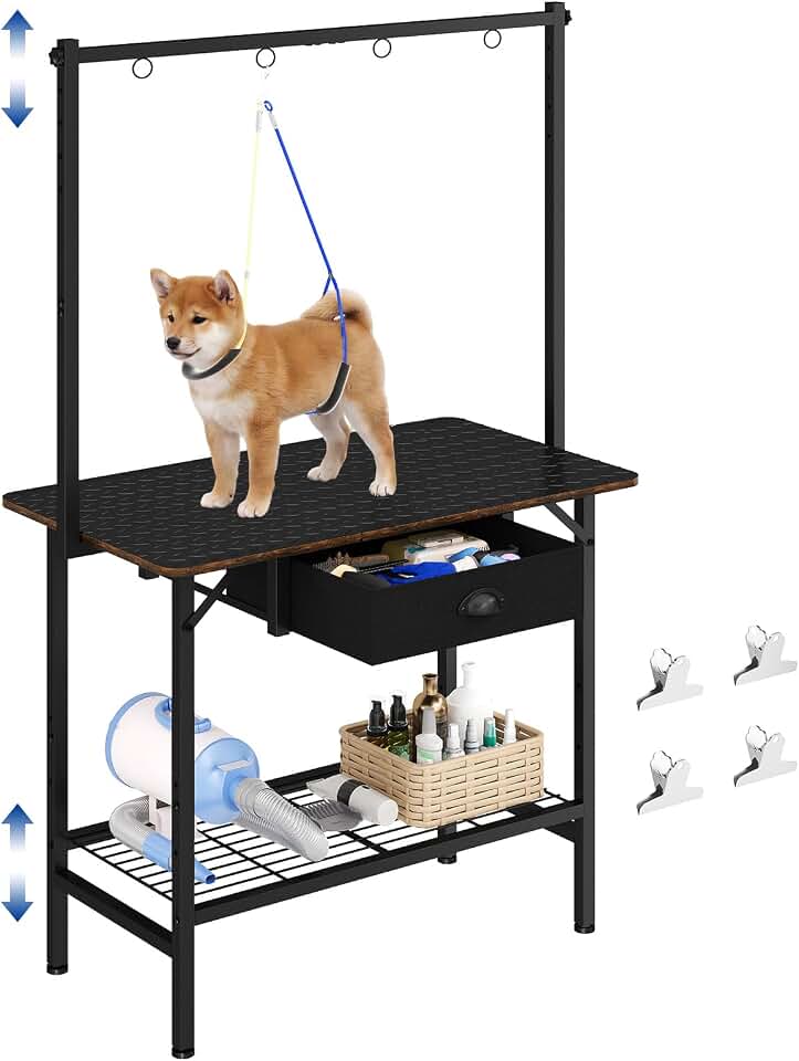 32 Inch Adjustable Dog Grooming Table with Drawer &amp; Non-slip Removable Mat | Pet Grooming Table with Mesh Tray &amp; EVA Protective Lanyard,Professional Grooming Table for small Dogs at Home