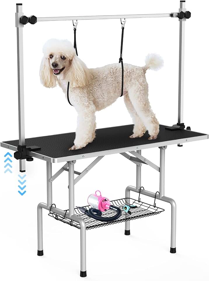 Lyromix 42'' Foldable Dog Grooming Table with Arms/Nooses/Mesh Tray, Black | Stainless Steel Grooming Table for Dogs at Home, Adjustable Pet Bathing Station, Non-Slip Waterproof Tabletop, Capacity 330Lb