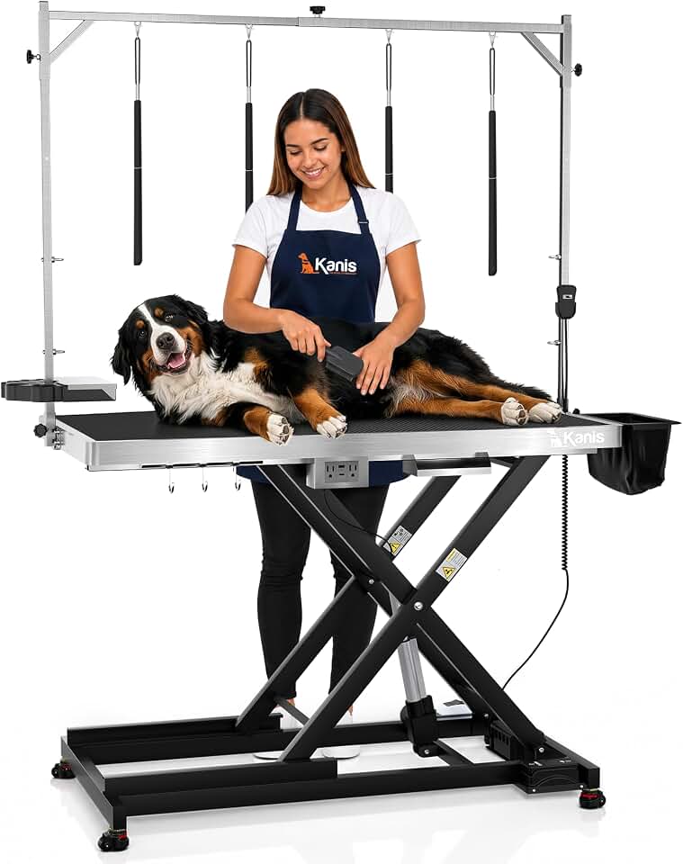 KANIS Professional Electric Dog Grooming Table - Heavy Duty | Height Adjustable Pet Grooming Table w/Leveling Wheels, Dog Grooming Arm, Anti-Slip Tabletop &amp; Tool Organizer (Black, 49")