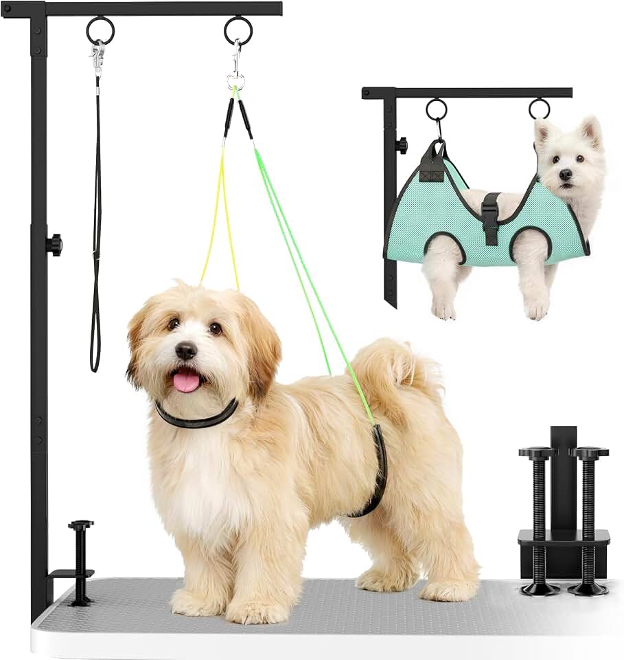 Dog Grooming Table Arm, 31.5"-43.3" Adjustable Pet Stand with Hammock &amp; Clips – 3-in-1 Grooming Kit for Nail Trimming, Haircut &amp; Drying, Home Supplies for Small Dogs