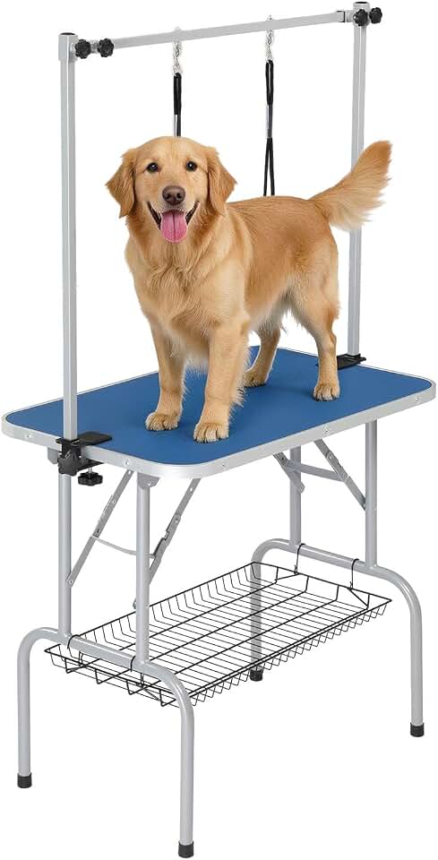 VINGLI Dog Grooming Table, 32" Adjustable Pet Grooming Stand | Cat Grooming Desktop with Arms and Storage Basket, at Home (Blue, 32 inch)