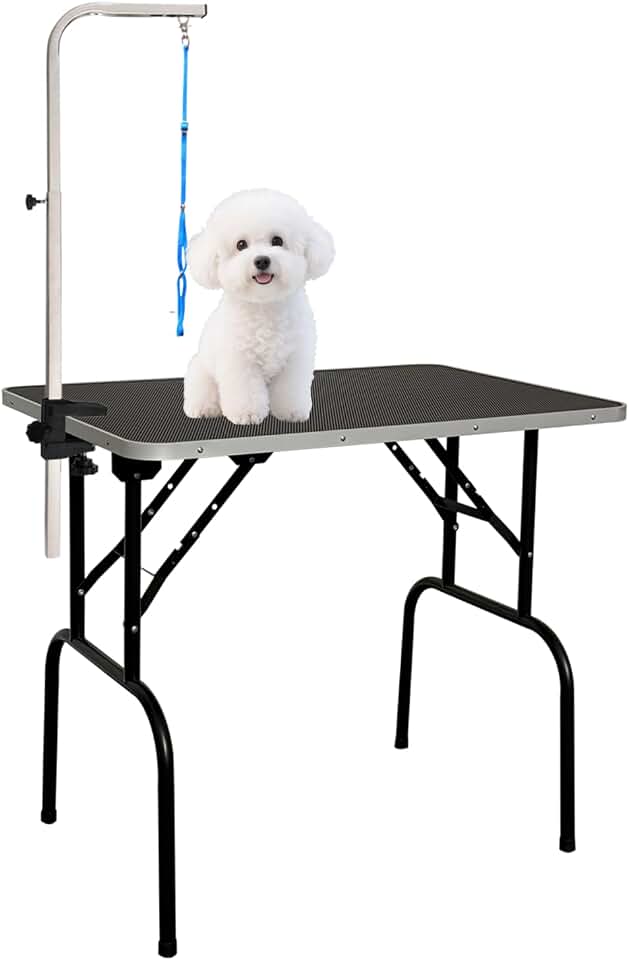 30-inch Foldable Dog Grooming Table - Heavy Duty Iron Pet Grooming Station with Adjustable Arm &amp; Noose, Portable Non-Slip for Small Medium Dogs &amp; Cats, Home &amp; Salon Use - Black