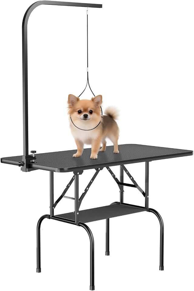 32-Inch Dog Grooming Table for Small &amp; Medium Dogs, Foldable Pet Grooming Table with Adjustable Arm, Noose &amp; Mesh Tray, Non-Slip Waterproof Surface, Supports Up to 300 lbs