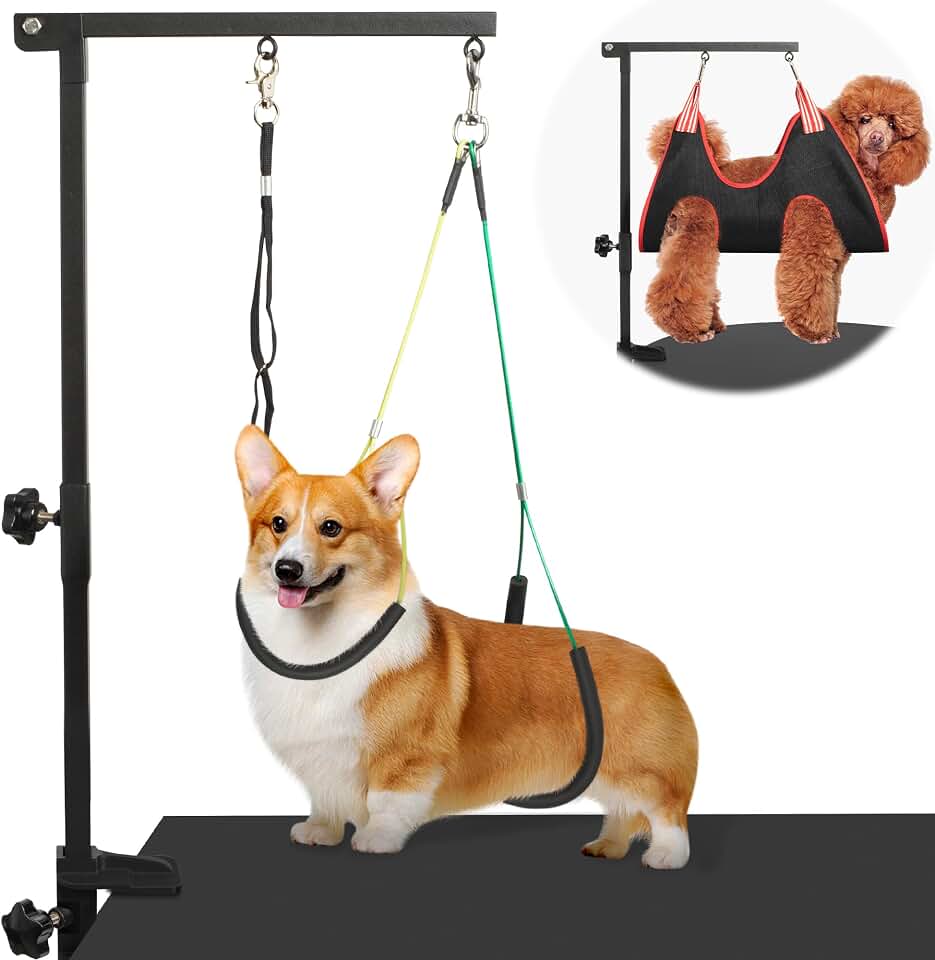 Dog Grooming Arm 35" with Hammock, Haunch Holder for Small Medium Pets | Adjustable 18"-35" Dog Grooming Table Stand with Loop Noose, Fits 2" tables, for Small/Medium Dogs under 30 lbs