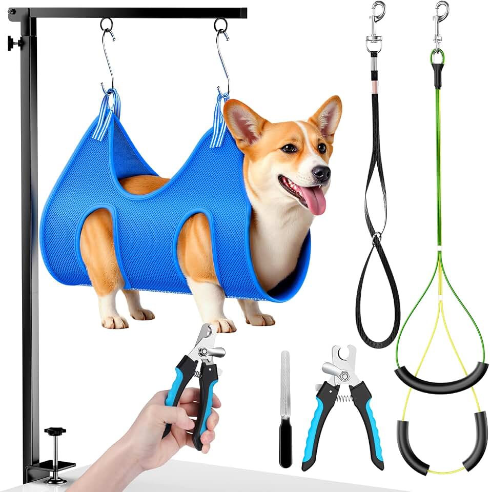 Dog Grooming Arm, 26"-38" Adjustable Clamp with Hammock | Nail Clippers Included, Adjustable Height, Heavy-Duty Design, 2 No-Sit Holders, Small &amp; Medium Dogs