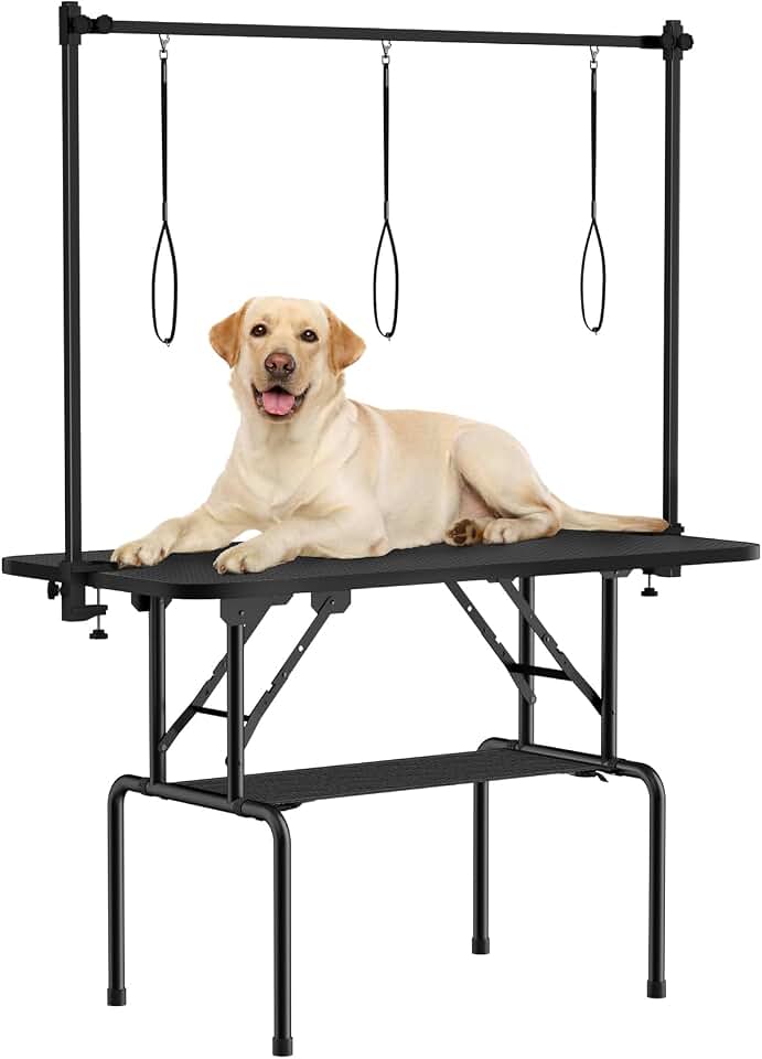 ROOMTEC 46 Inch Dog Grooming Table,Foldable Pet Grooming Tables at Home with Adjustable Arm,Nooses, Mesh Tray Recycled Claim Standard 100