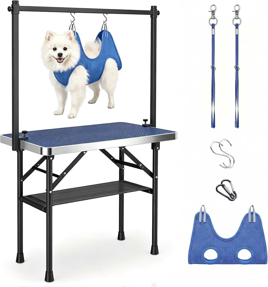 Dog Grooming Table with Arm Hammock &amp; Nooses, 35.5" L×23.6" W x 30" H | Foldable Heavy Duty Pet Grooming Station, Adjustable 33.5" Height Arm, Non-Slip Waterproof Tabletop