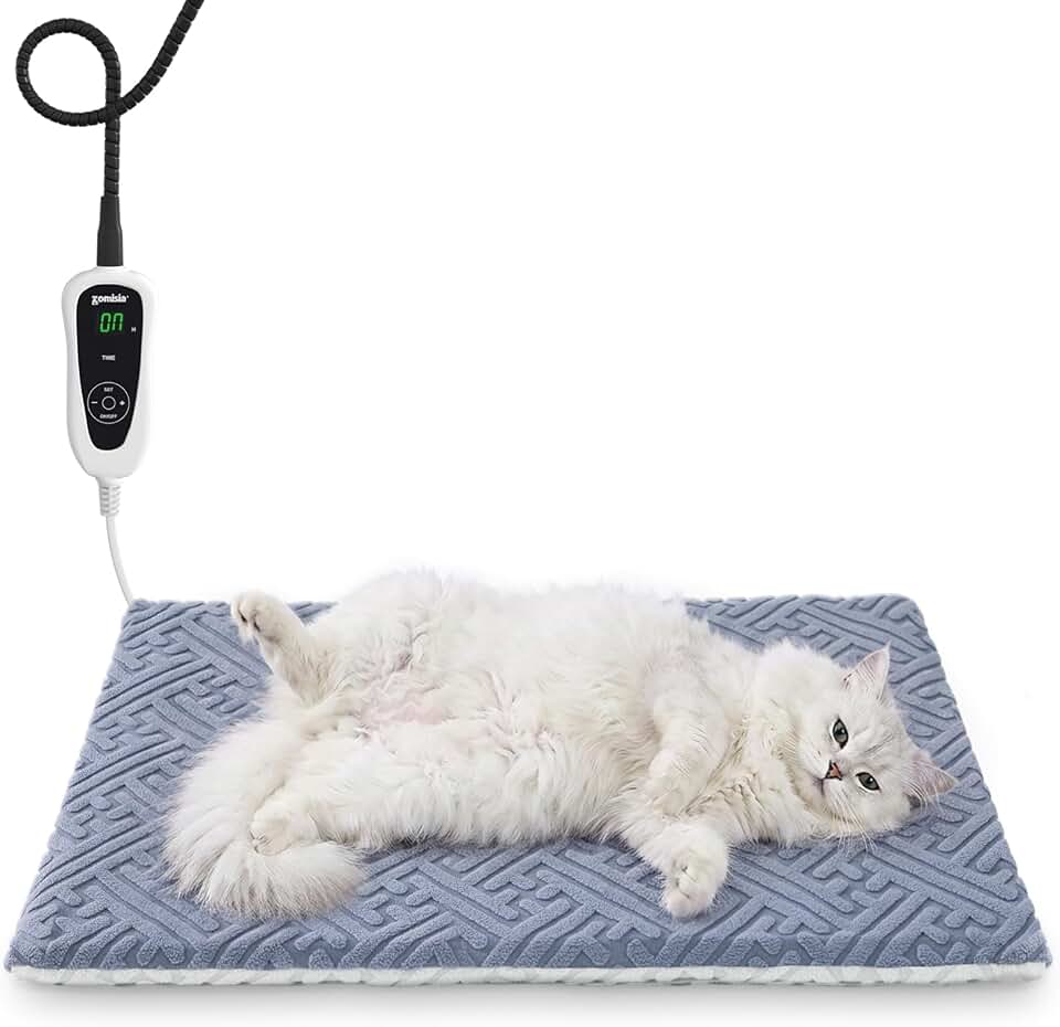 ZOMISIA Cat Heating Pad, Heated Cat Bed Indoor, 11 Temp &amp; 25 Timer Settings | 11 Safety Adjustable Temperature,Chew-Resistant Cord for Puppy,Waterproof PVC,Removable Washable Cover,Reversible Warming Pad