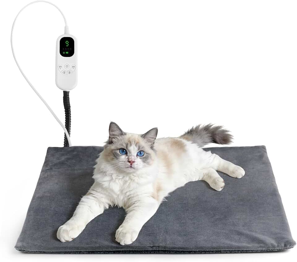 MECHEER 18 x 18 Inch Cat Heating Pad with 9 Temperature Settings | 4 Timer Options, Chew-Resistant Cord, 7-Layer Safety Design, Waterproof Inner Layer, Washable Cover, For Cats and Small Dogs