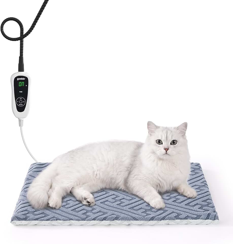 ZOMISIA Cat Heating Pad, Heated Cat Bed Indoor, 11 Temp &amp; 25 Timer Settings | 11 Safety Adjustable Temperature, Chew-Resistant Cord, Electric Cat Warming Bed, Waterproof PVC, Removable Washable Cover