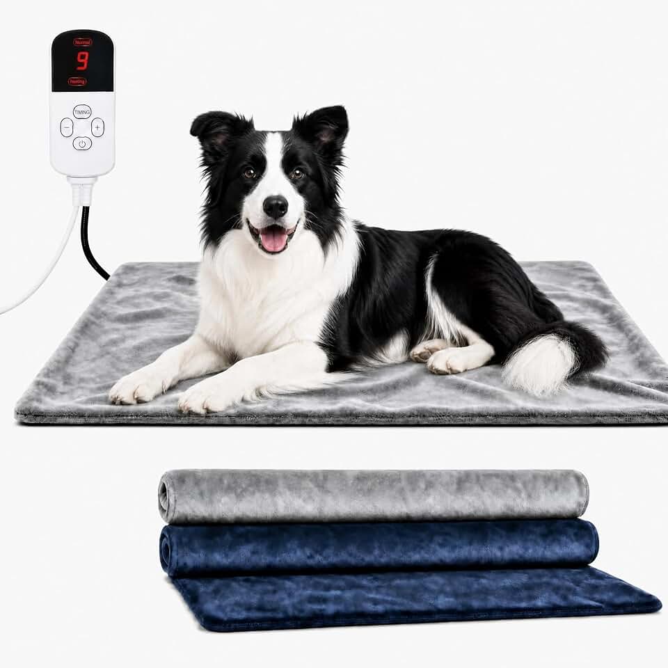 Dog Heating Pad Outdoor 28×18in with Adjustable 9 Temp Setting &amp; Timer | Heated Dog Bed Indoor for Cats, Warming Waterproof, Chew Resistant Cord, Replacement Cover for Puppy Kitten
