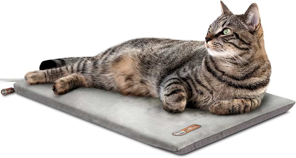 K&amp;H Heated Cat Bed, Thermo-Kitty Mat Indoor, Safety Listed, 6W, Gray | Removable Waterproof Cat Heating Pad, Reversible Calming Warm Foam Pet Pad, Machine Washable, Smart Thermostat, 25x12.5in