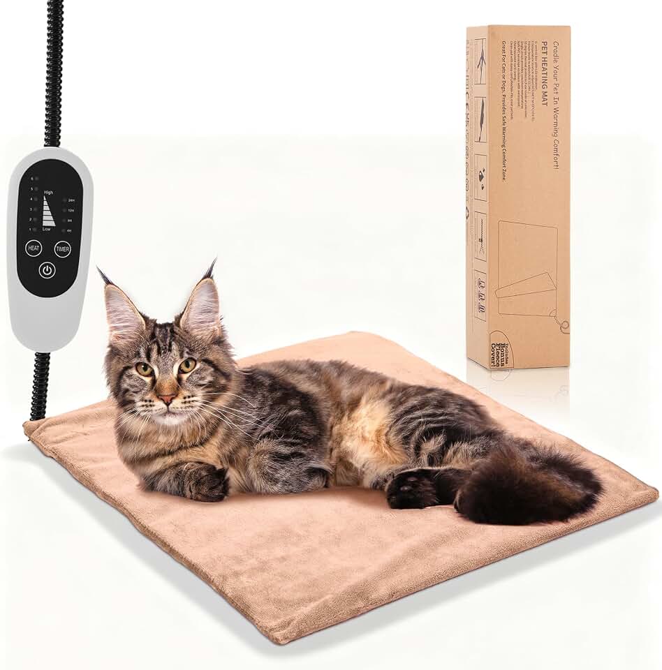 Annchwool Pet Heating Pad for Puppy Cat Dog-17.7 x 15.7in-6 Adjustable Temperature &amp; 5 Timer-Waterproof Cat Dog Heating Pad with Chew-Resistant Cord-Heated Pad for Indoor Pets,Older,Pain Relief(Brown)