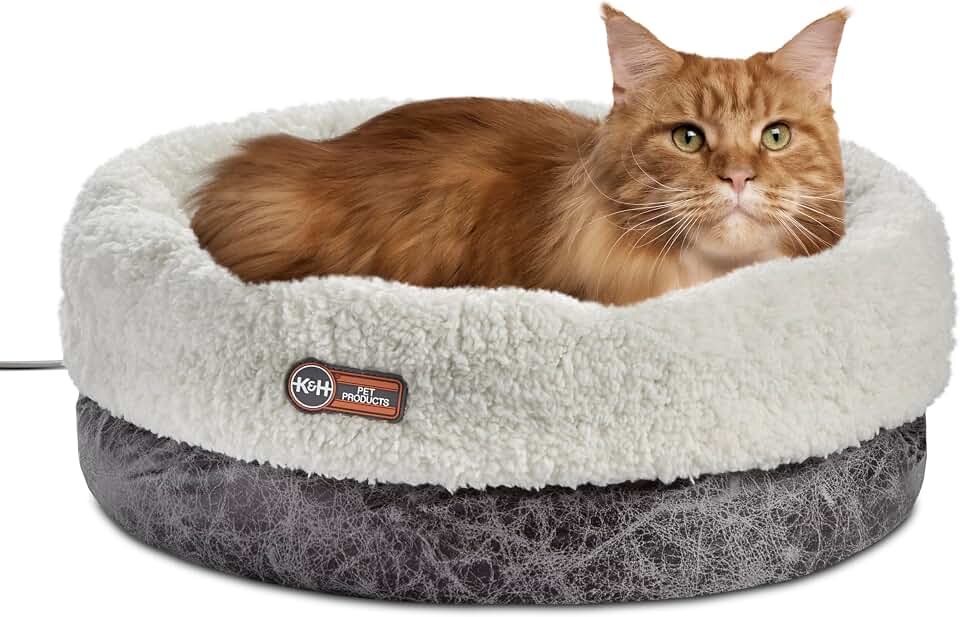 K&amp;H Heated Cat Bed, Thermo-Snuggle Cup Bomber Indoor, Safety Listed, 18x14 | removable Waterproof Cat Heating Pad, Soft Pet Bed for Large Indoor Cats and Small Dogs, Machine Washable, 4 W, Gray
