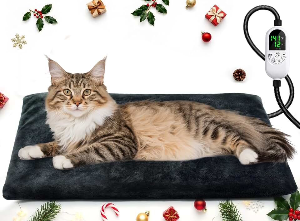 Pet Heating Pad for Cats &amp; Dogs, Electric Heated Cat Bed with Adjustable Temperature (12 Levels) &amp; Timer (12 Options), Chew-Resistant Cord, Indoor &amp; Outdoor Use 18“x18”-25W