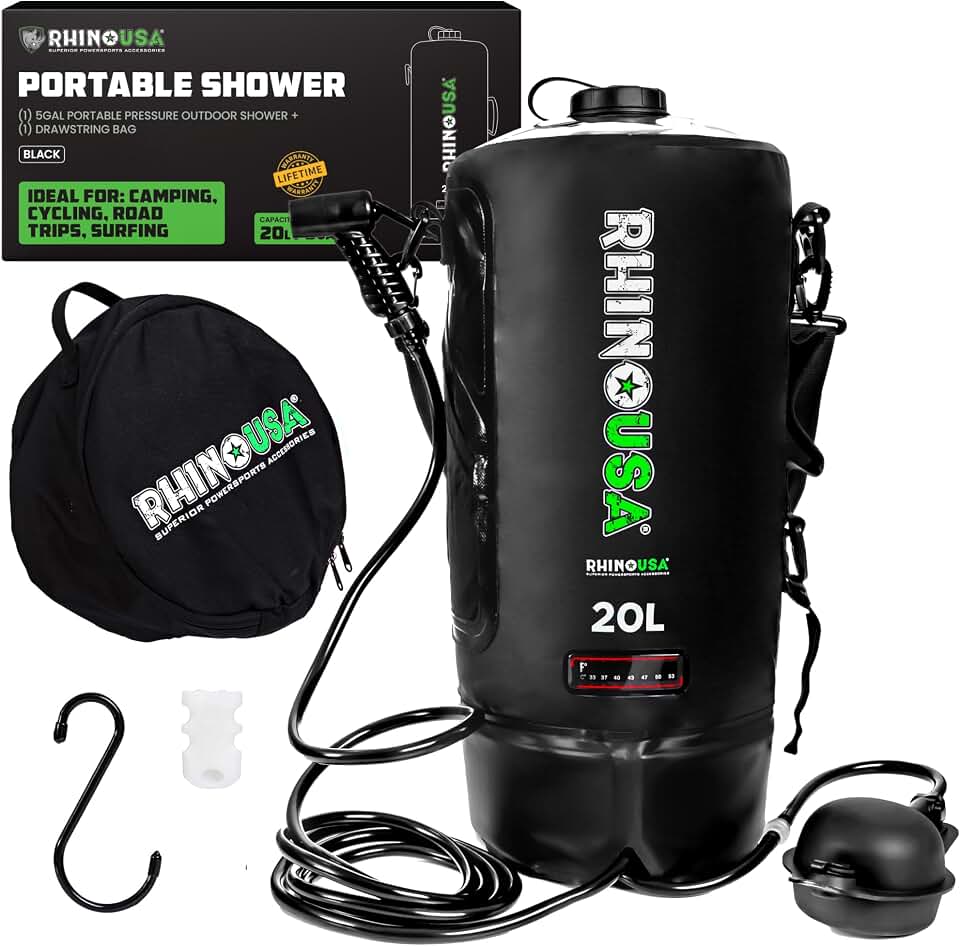 Rhino USA Portable Solar Camp Shower - 5 Gal/20L for Camping &amp; Overlanding | Heated by Direct Sunlight w/ Garden Hose Valve &amp; On/Off Shower Head. Great for Festivals, Beach Trips &amp; Rinse-Offs. Black