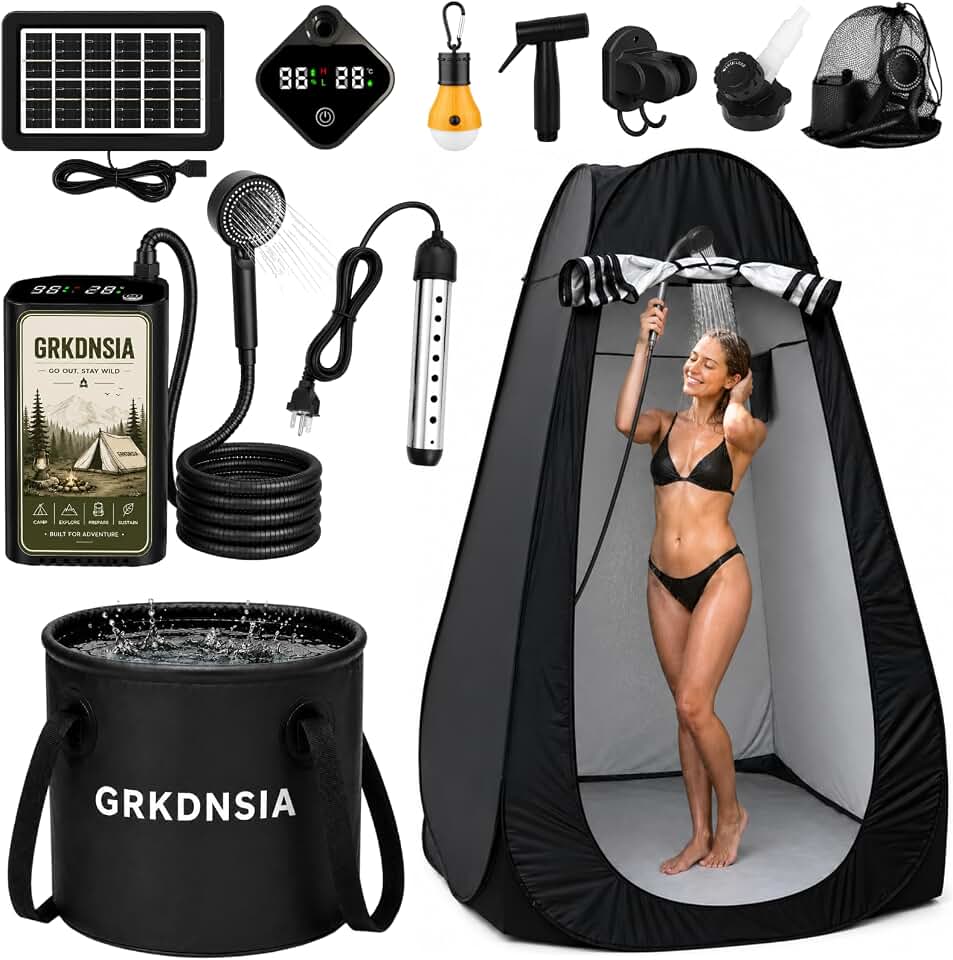 11Pcs Camping Shower with Heater for USB Solar Charging Panel, Shower Tent