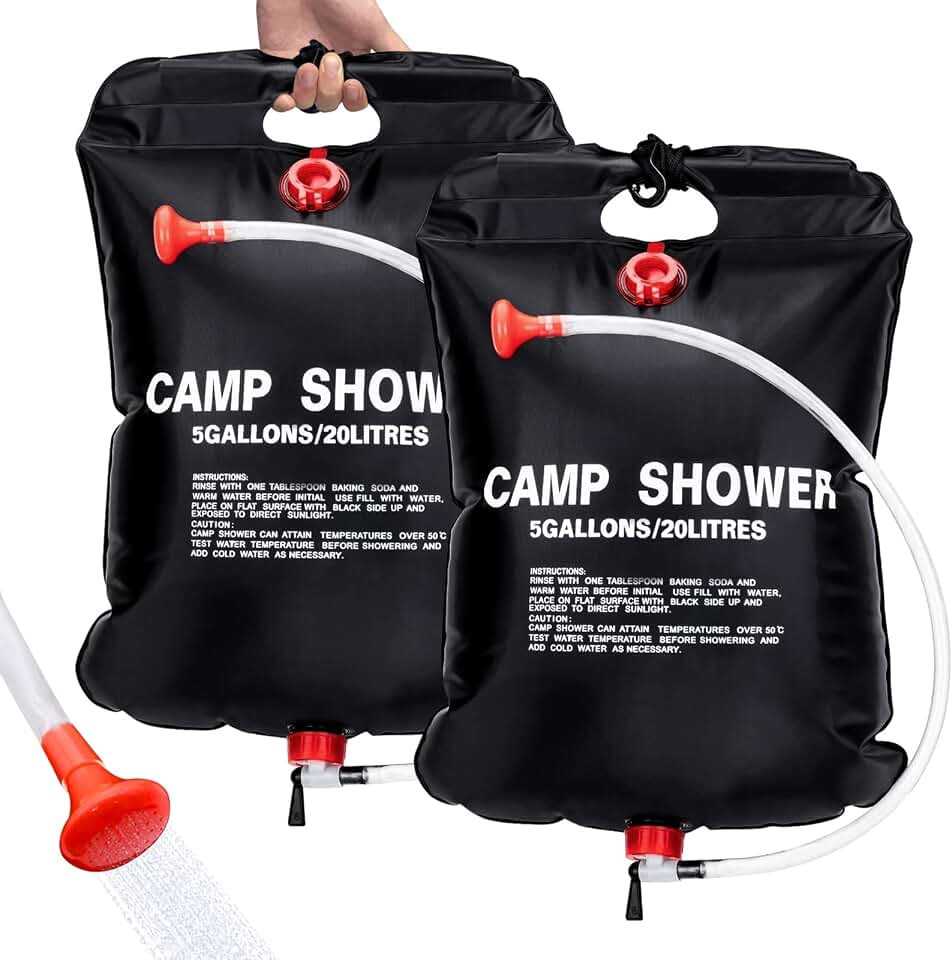 2 Pack Solar Shower Bag for Camp, 5 Gallons/20L Portable Camping Shower Bag with Removable Hose and On-Off Switchable Shower Head for Camping Beach Swimming Outdoor Traveling