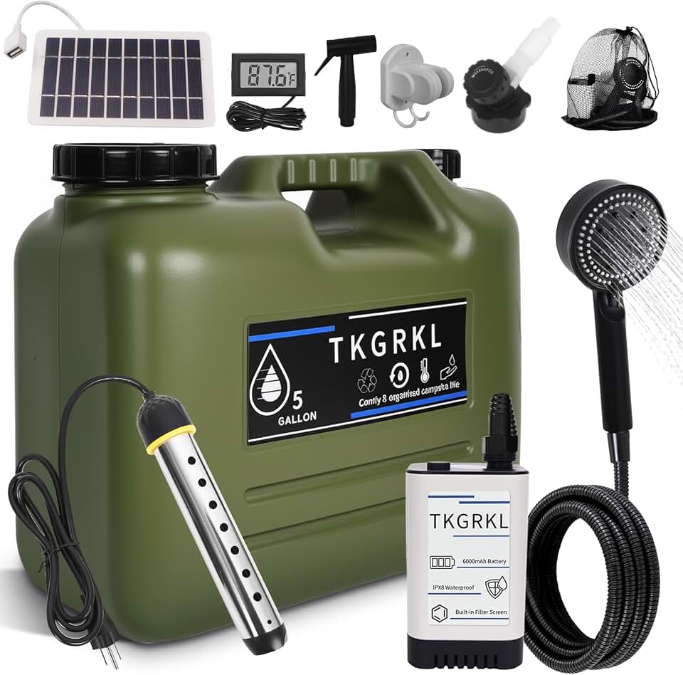 Camping Shower with Heater and 5-Gallon Water Jug, 6000mAh Rechargeable Portable Shower, 1500w Immersion Heater with Auto Shut-Off, Rinse Kit Portable Shower with USB Solar Charging Panel For Camping