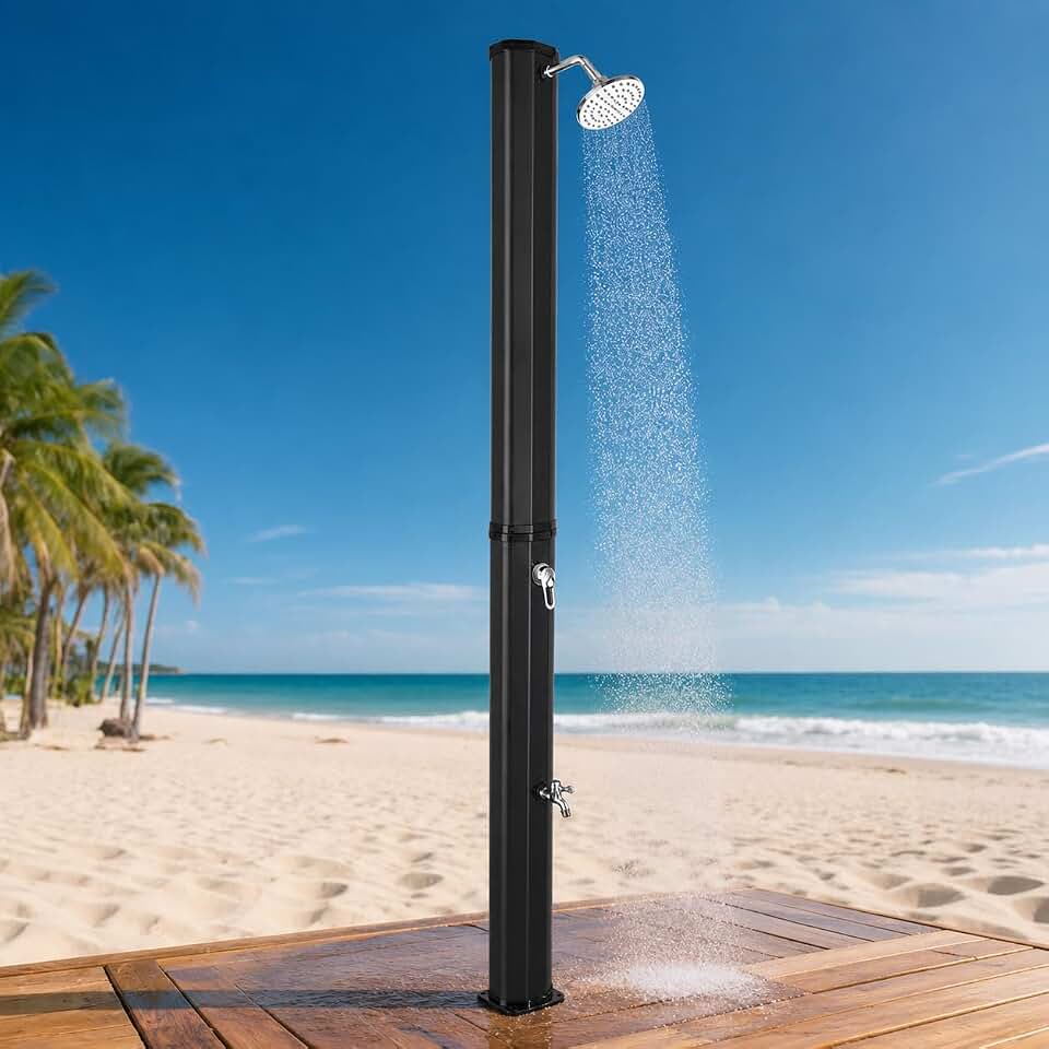 VINGLI 9.3 Gallon Solar Heated Outdoor Shower, 7.2 FT Height, Freestanding Outside Shower with 360° Swivel Shower Head &amp; Foot Faucet, Hot &amp; Cold Water Adjustment, Black