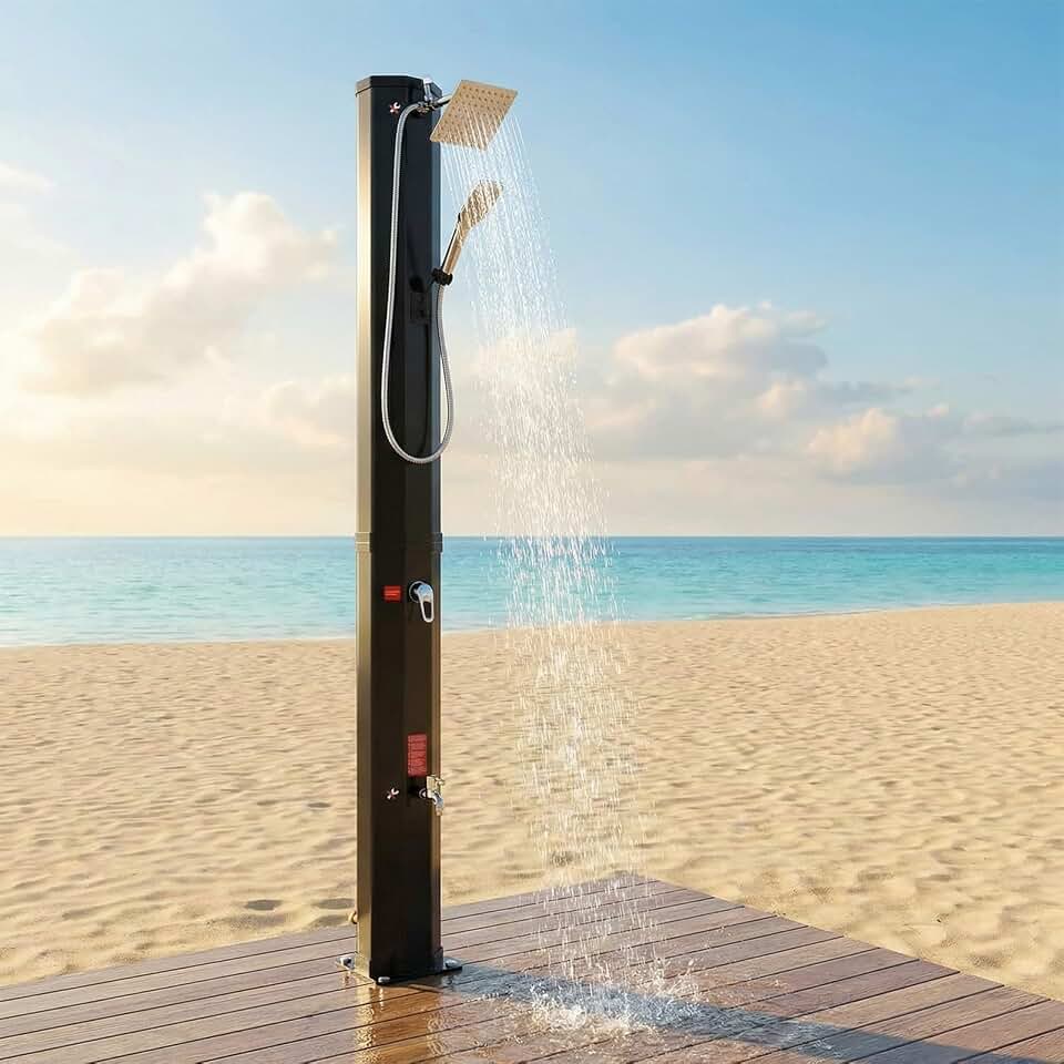 TLSUNNY 16 Gallon Solar Heated Shower, Outdoor PVC Freestanding Shower | 360 Rotating Rainfall and Handheld Head for All-around Showering, Temperature Adjustment, Foot Faucet,for Pool,Backyard,Beach